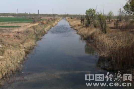 白马沟中满是酸性污水，沟两侧则是村民的农田