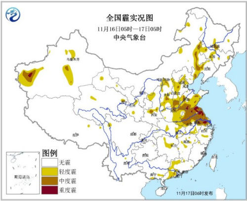 中国大部地区出现重度霾上海南京等地中度污染