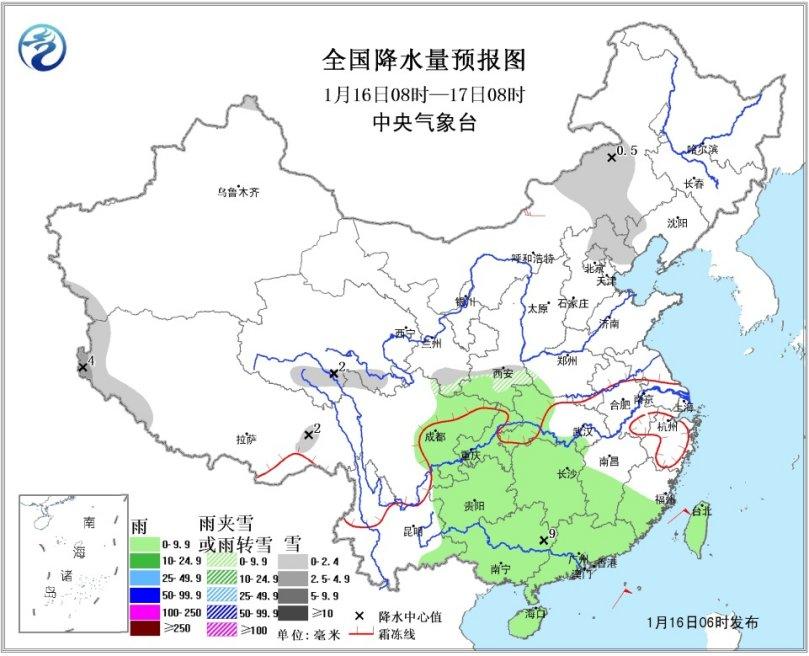 全国降水量预报图(1月16日08时-17日08时)