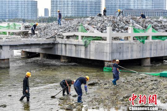 资料图：三亚洲际度假酒店海上餐厅项目拆除，工人正在海水中捡拾落入的建筑垃圾，避免二次污染。　骆云飞 摄